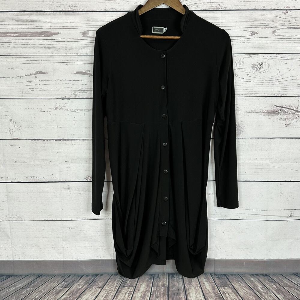 Sympli Tunic Womens 10 Black Draped Button Front Shirt Lagenlook Minimalist
